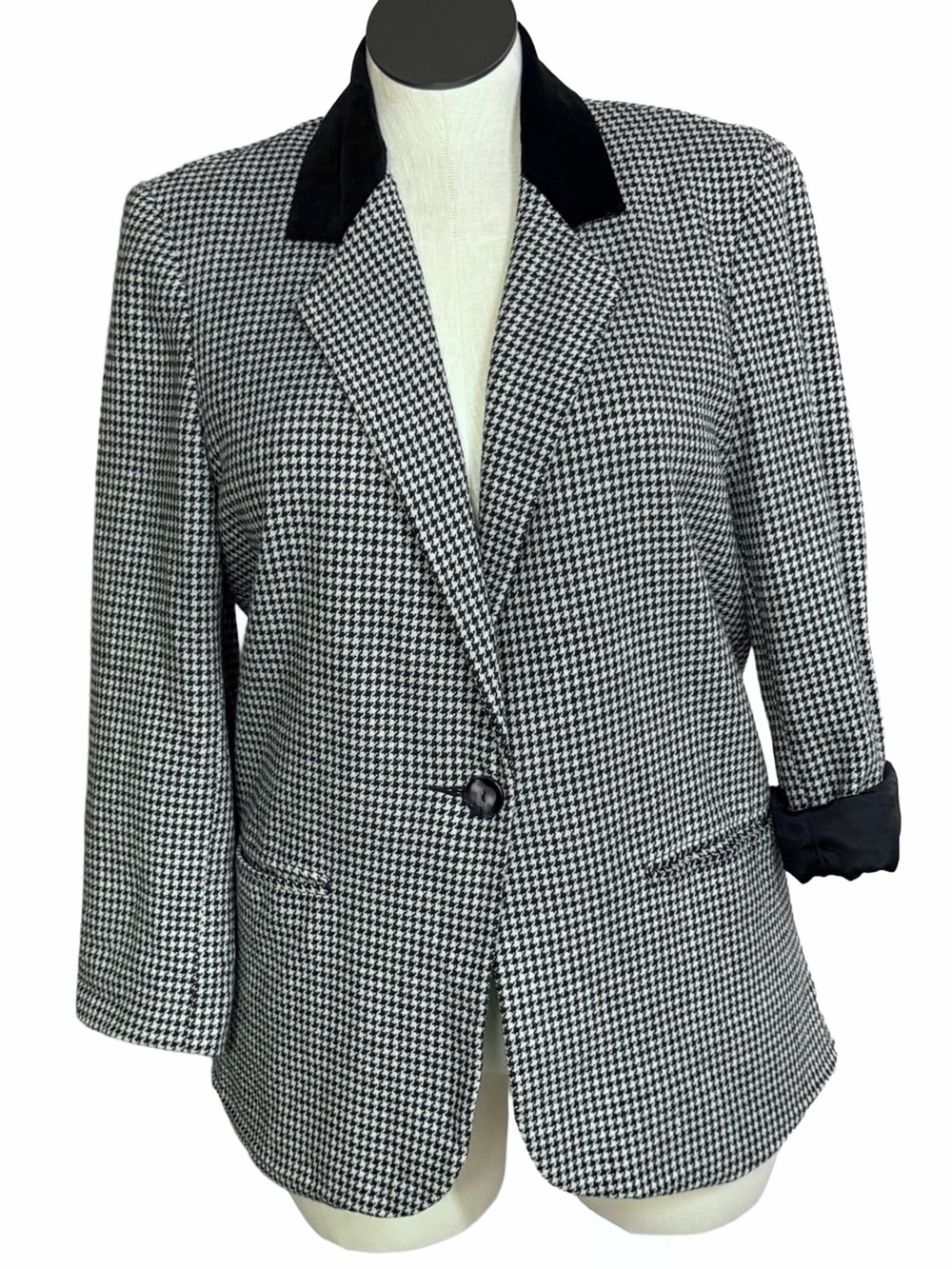 Vintage Wool Blend Sag Harbor Houndstooth Blazer 14P Black White Petite